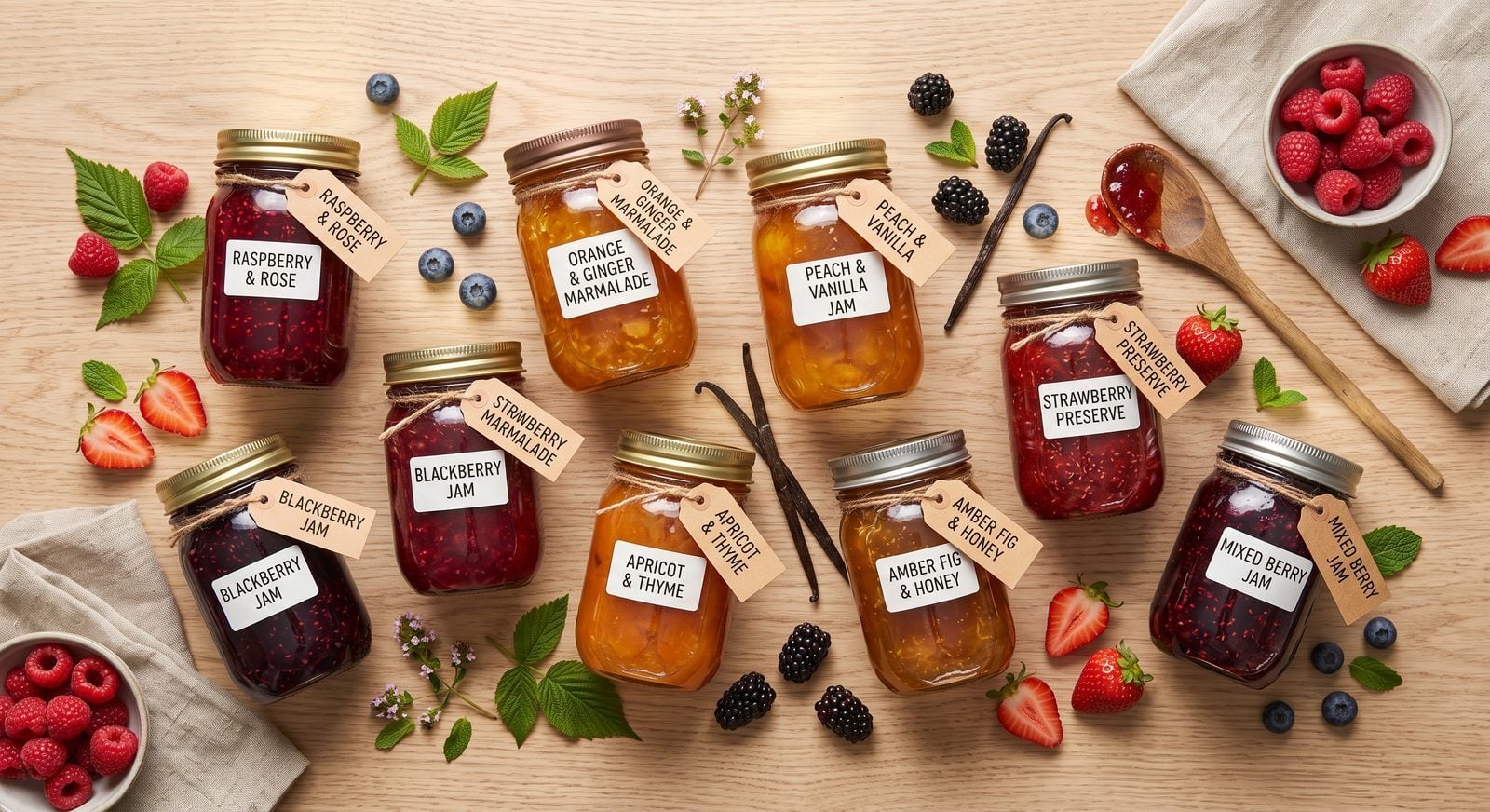 Glass jars of fruit jams and preserves with fresh berries