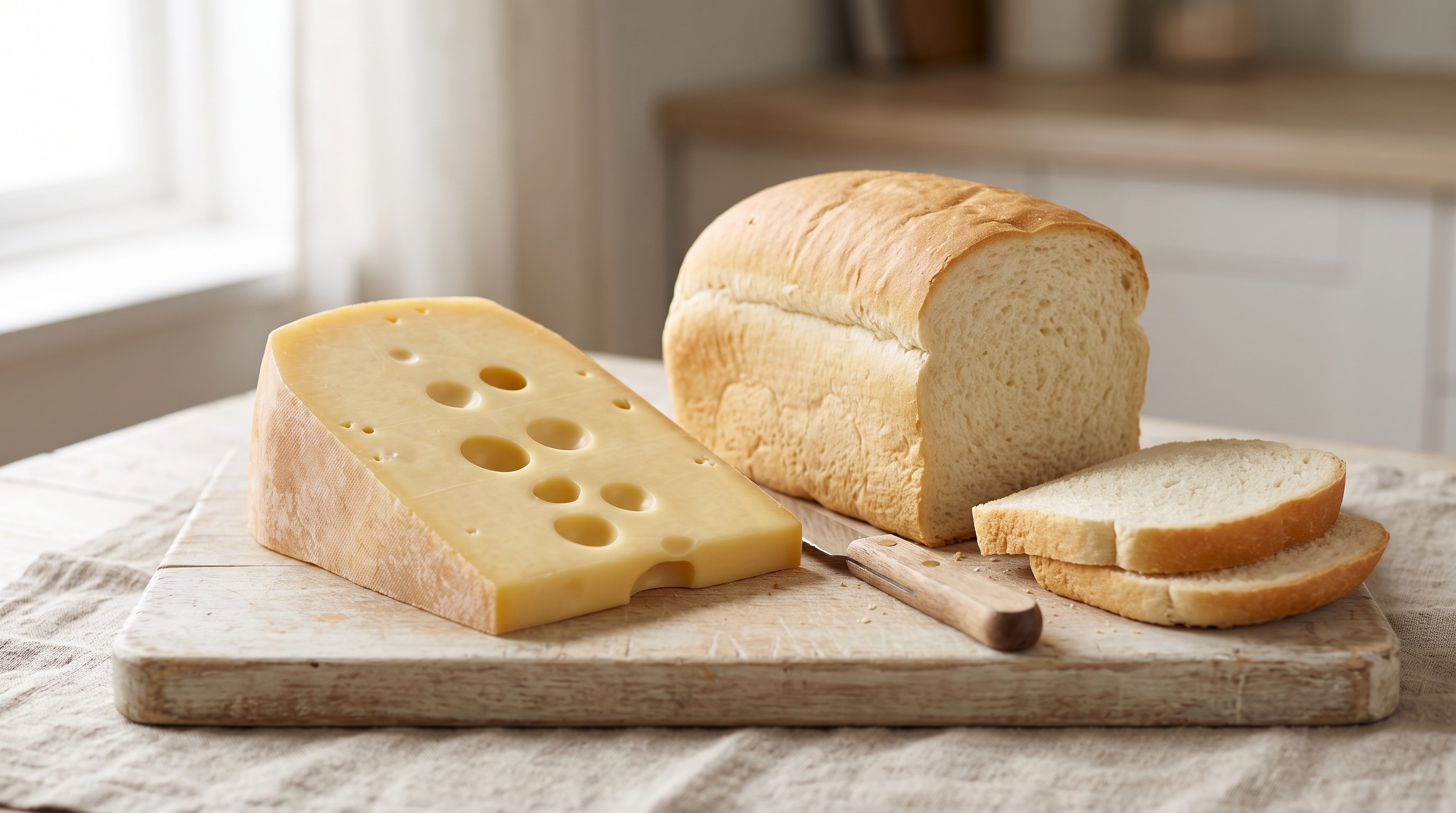 A wedge of Swiss Emmental cheese with its characteristic holes next to a loaf of white sandwich bread — the propionic fermentation connection